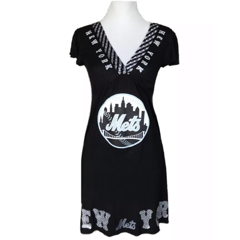 NY Mets Black/silver-braided V-neck Dress-glitter